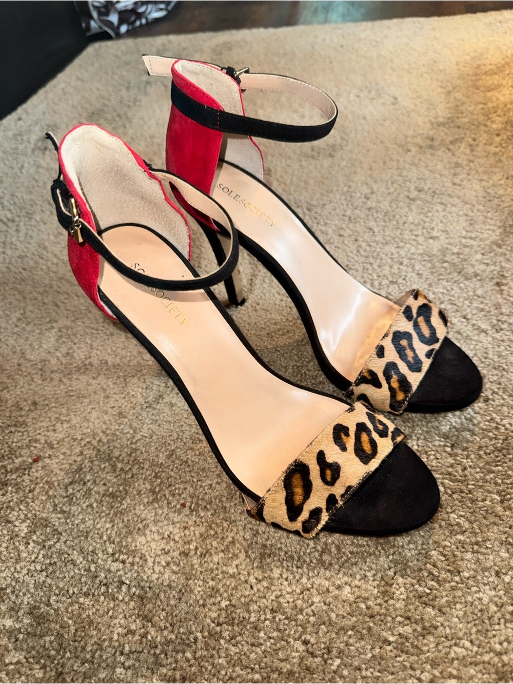 Sole Society Red, Black & Leopard Print Ankle-Strap Heels